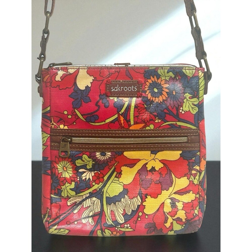 SAKROOTS Crossbody Bag Peace Floral Strap Inside Pockets Outside Zip Tablet